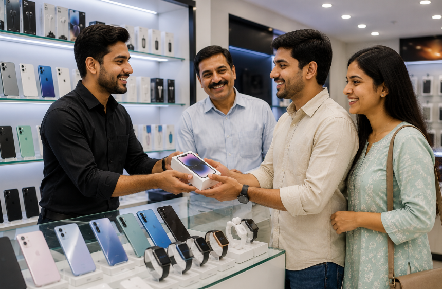 Happy customer purchasing electronics at Novelty Telecom Kolkata
